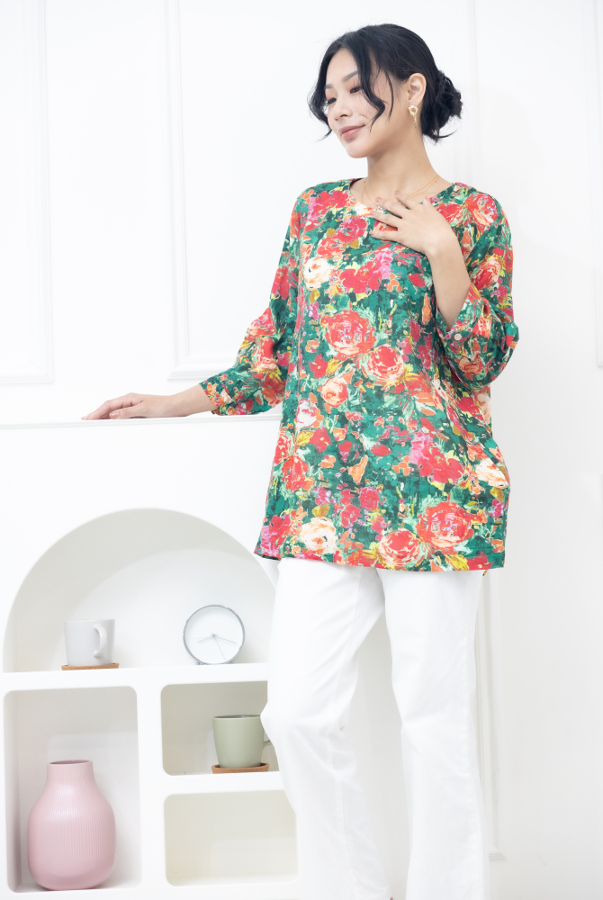 긴팔 紅玫瑰七分袖棉紗上衣 / 綠色