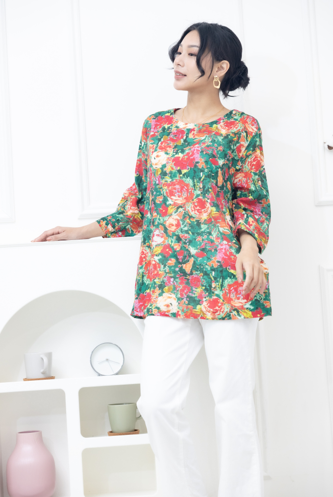 긴팔 紅玫瑰七分袖棉紗上衣 / 綠色