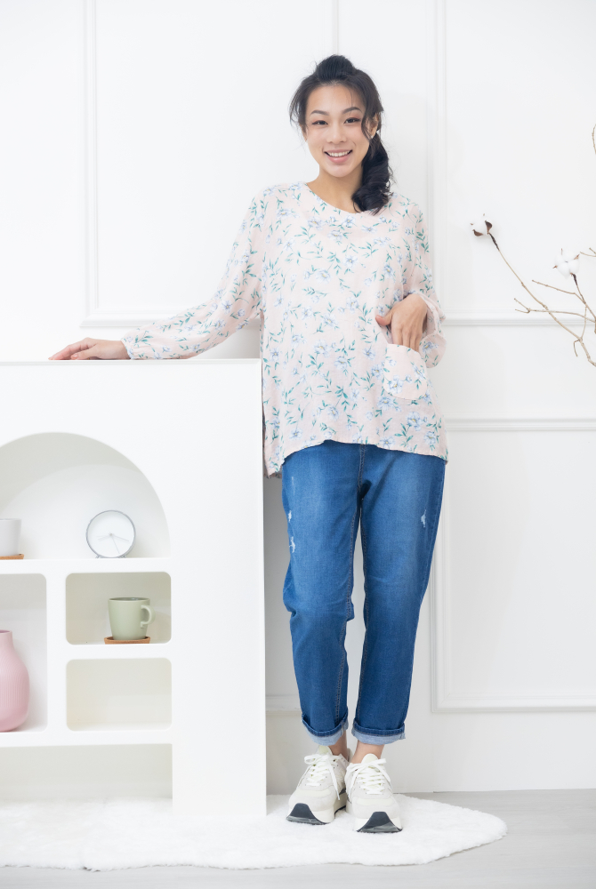 긴 바지 鈕扣黃色縫線牛仔褲 / 深藍色