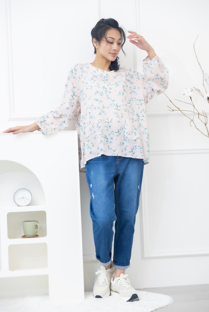 긴 바지 鈕扣黃色縫線牛仔褲 / 深藍色