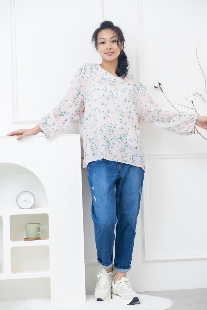 긴 바지 鈕扣黃色縫線牛仔褲 / 深藍色