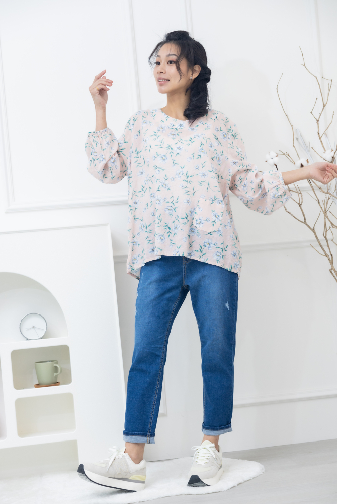 긴 바지 鈕扣黃色縫線牛仔褲 / 深藍色