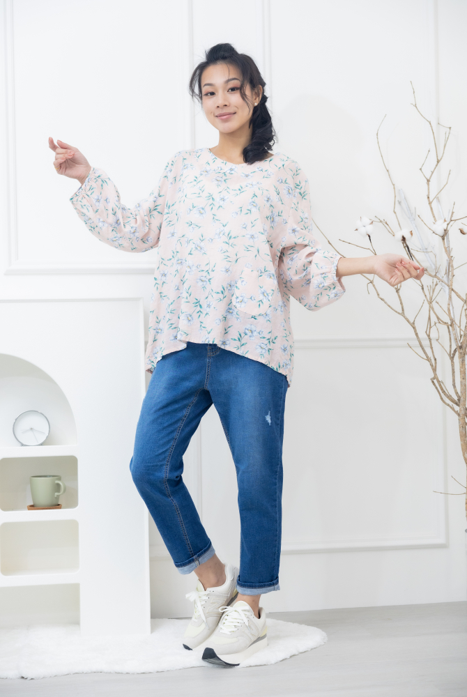 긴 바지 鈕扣黃色縫線牛仔褲 / 深藍色