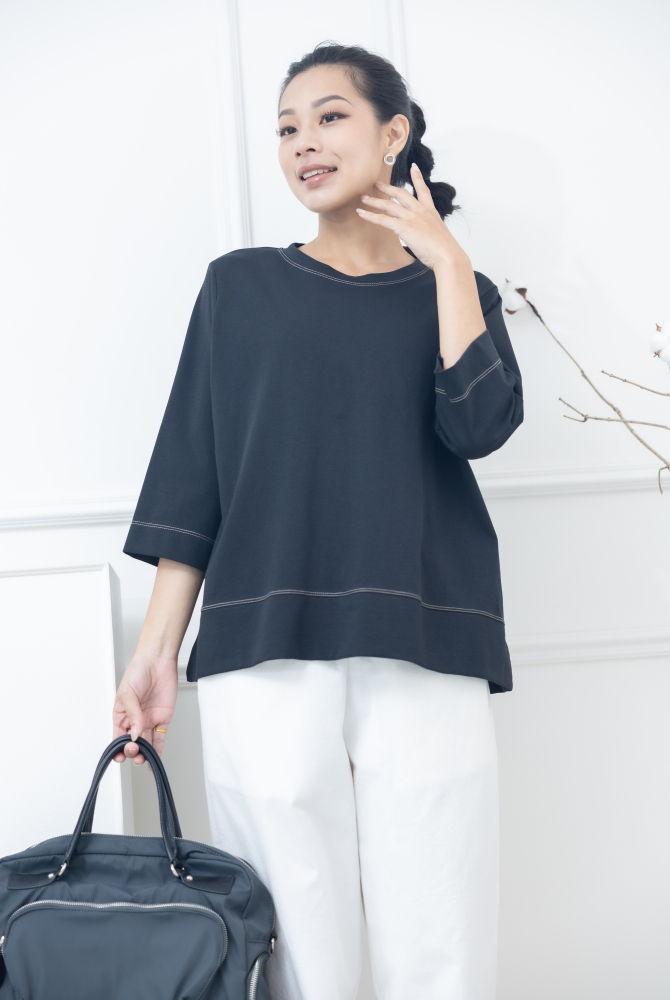 긴팔 撞色車縫線後壓褶上衣 / 黑色