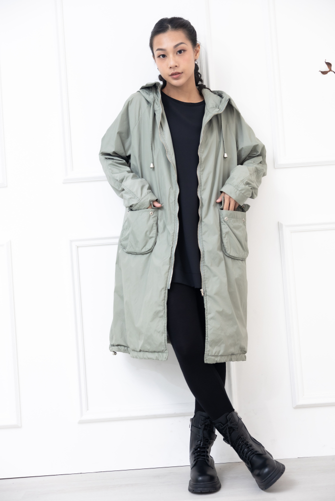 코트 連帽長版風衣外套 / 軍綠色