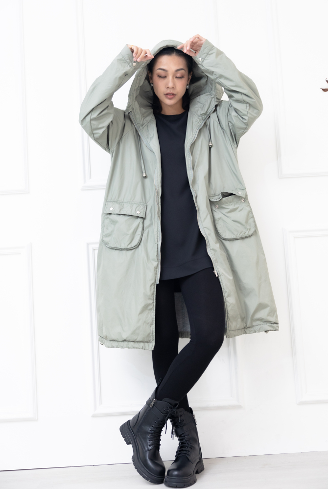 코트 連帽長版風衣外套 / 軍綠色