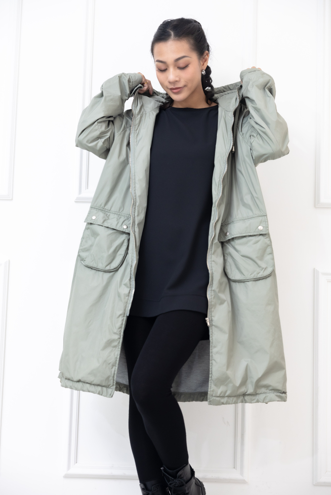 코트 連帽長版風衣外套 / 軍綠色