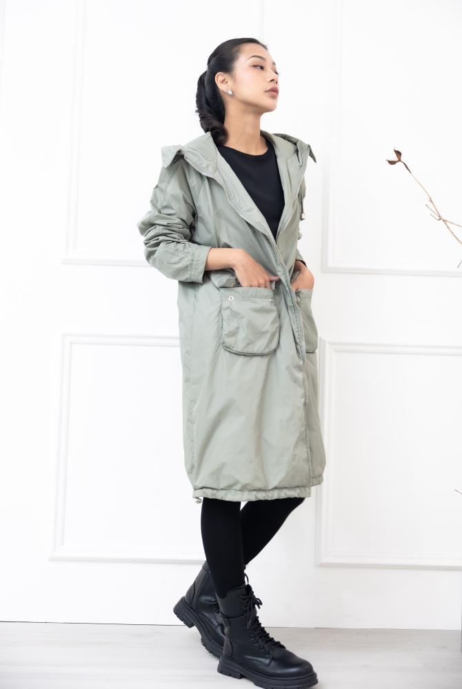 코트 連帽長版風衣外套 / 軍綠色