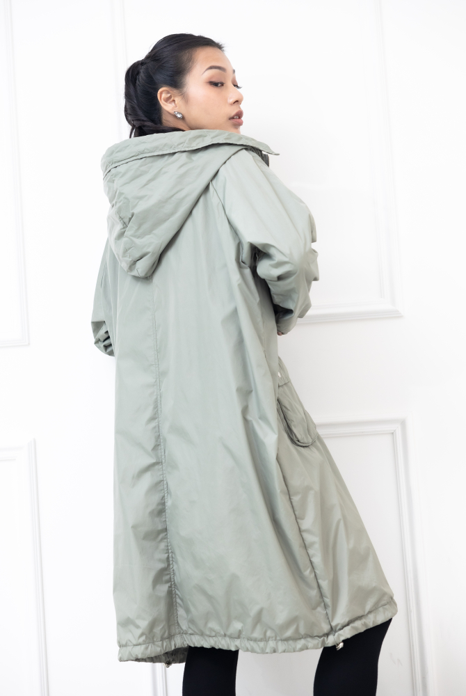 코트 連帽長版風衣外套 / 軍綠色