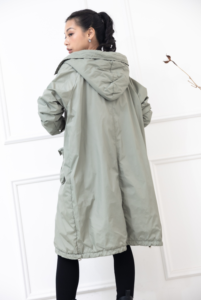 코트 連帽長版風衣外套 / 軍綠色