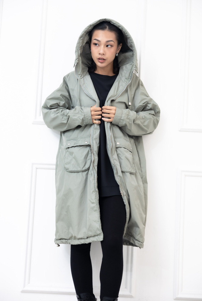 코트 連帽長版風衣外套 / 軍綠色