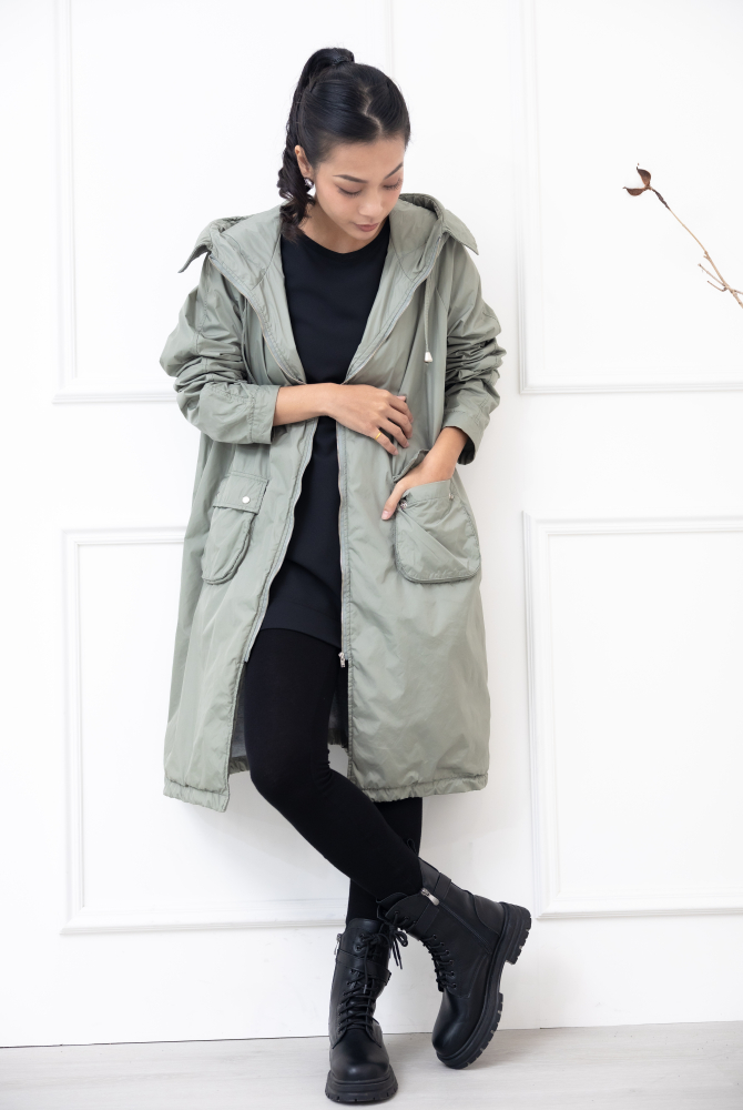 코트 連帽長版風衣外套 / 軍綠色