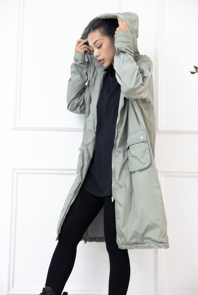 코트 連帽長版風衣外套 / 軍綠色