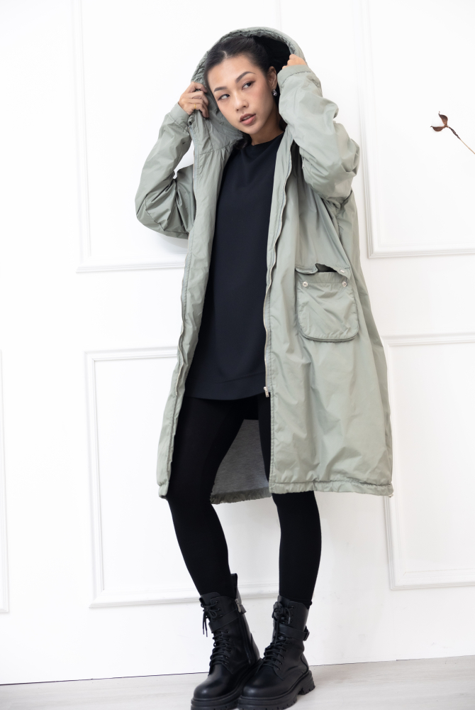 코트 連帽長版風衣外套 / 軍綠色