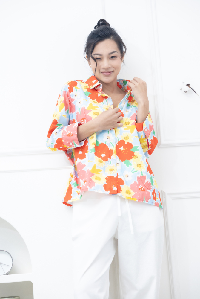 긴팔 深粉櫻花八分袖襯衫 / 粉藍色