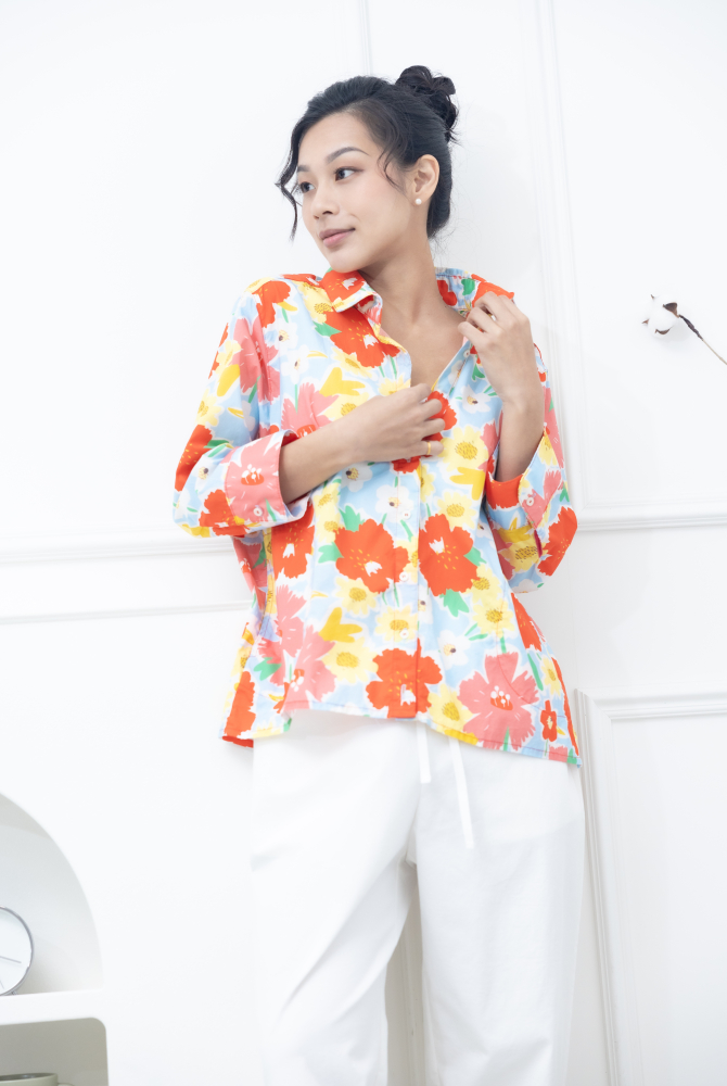 긴팔 深粉櫻花八分袖襯衫 / 粉藍色