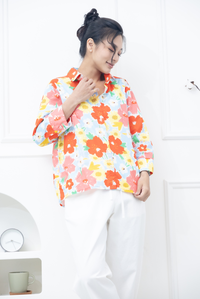 긴팔 深粉櫻花八分袖襯衫 / 粉藍色