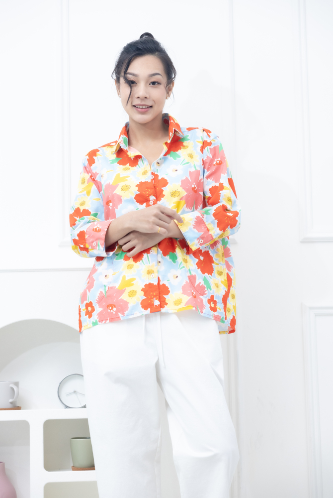 긴팔 深粉櫻花八分袖襯衫 / 粉藍色