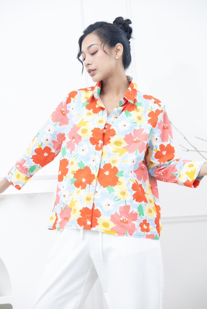 긴팔 深粉櫻花八分袖襯衫 / 粉藍色