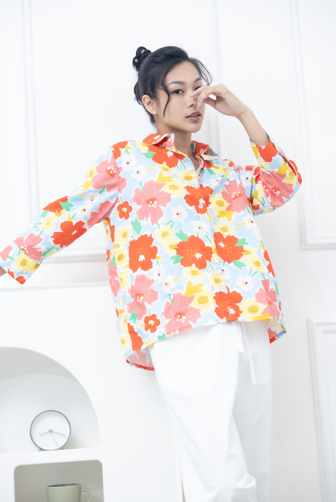 긴팔 深粉櫻花八分袖襯衫 / 粉藍色