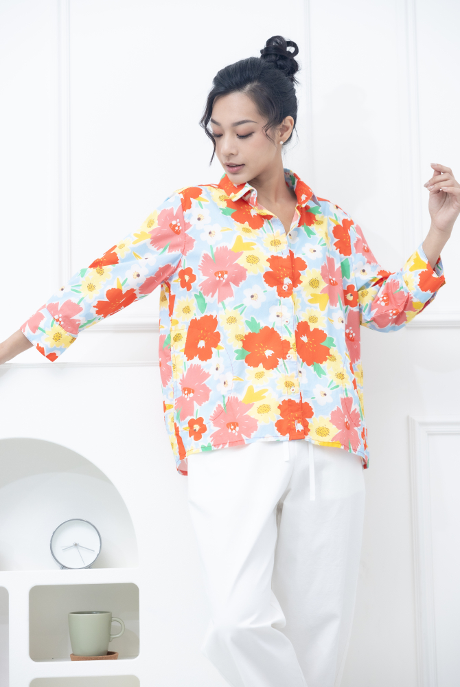 긴팔 深粉櫻花八分袖襯衫 / 粉藍色