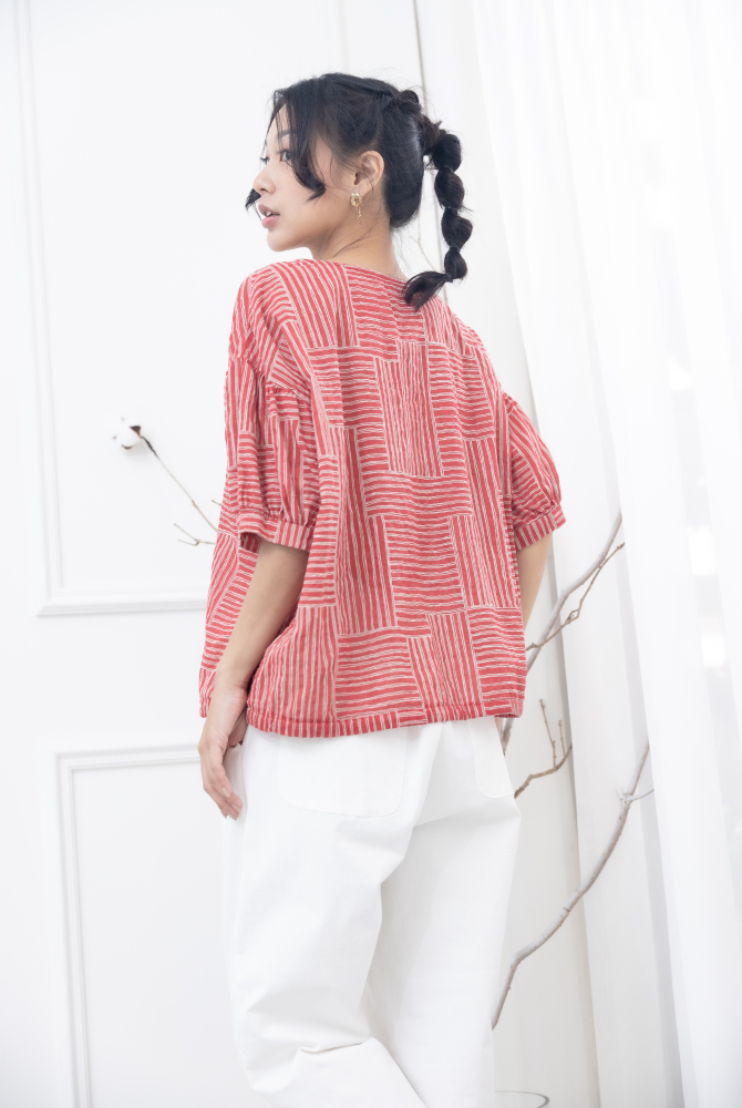 반팔 白色線條交錯下擺抽繩上衣 / 紅色