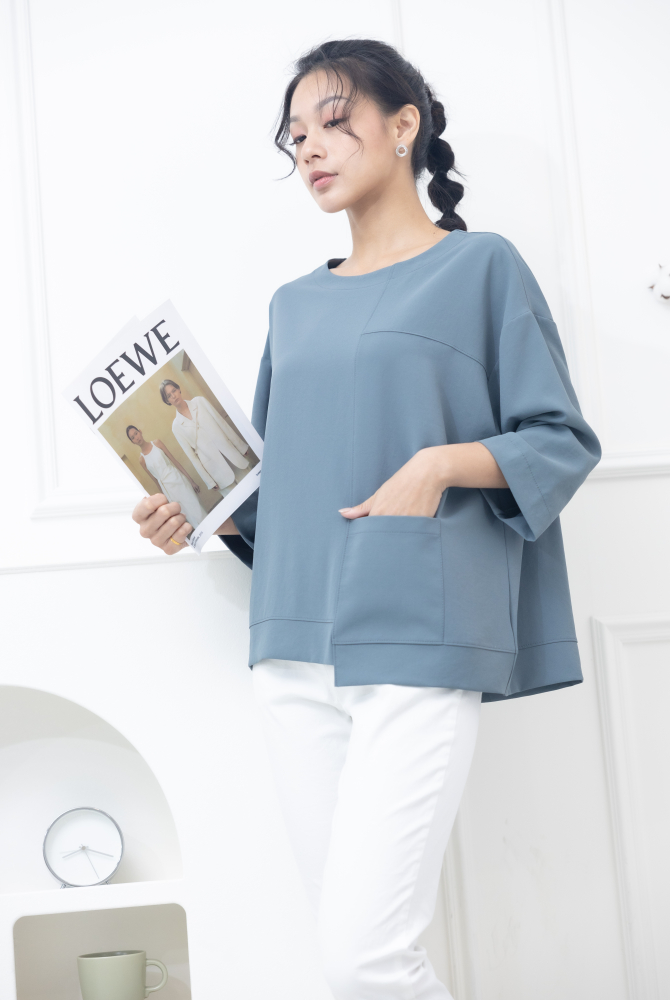 긴팔 圓領單口袋下擺不對稱上衣 / 莫蘭迪綠色