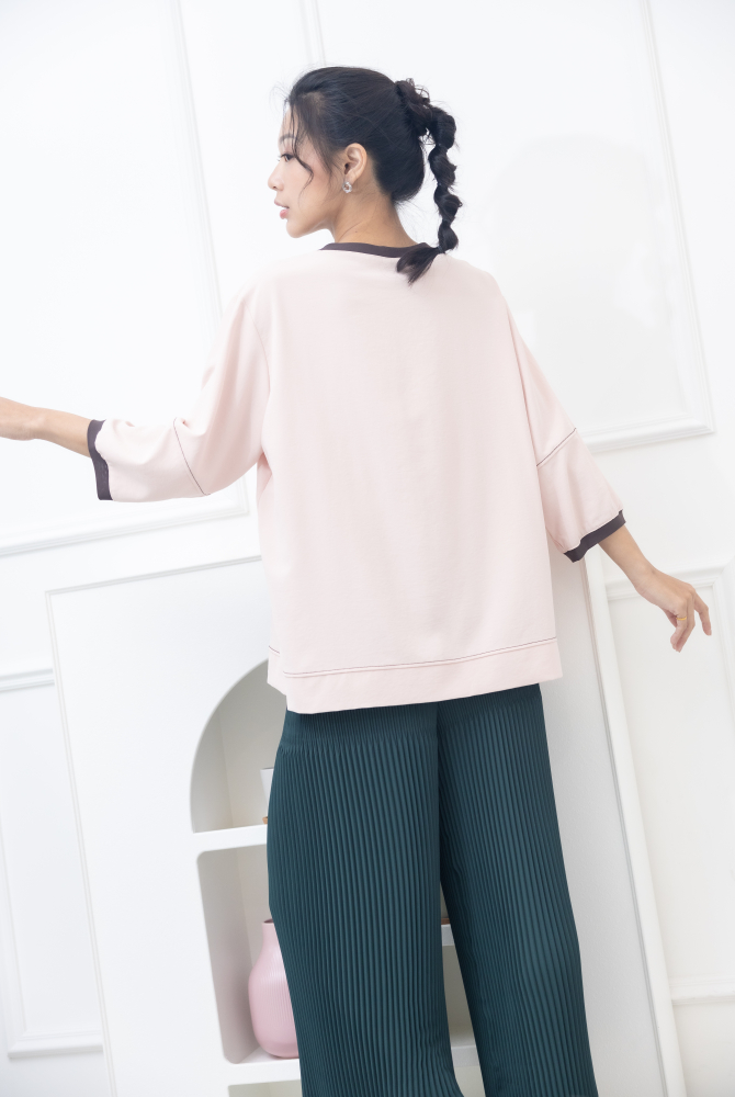 긴팔 咖啡色領口假翻蓋口袋上衣 / 粉紅色