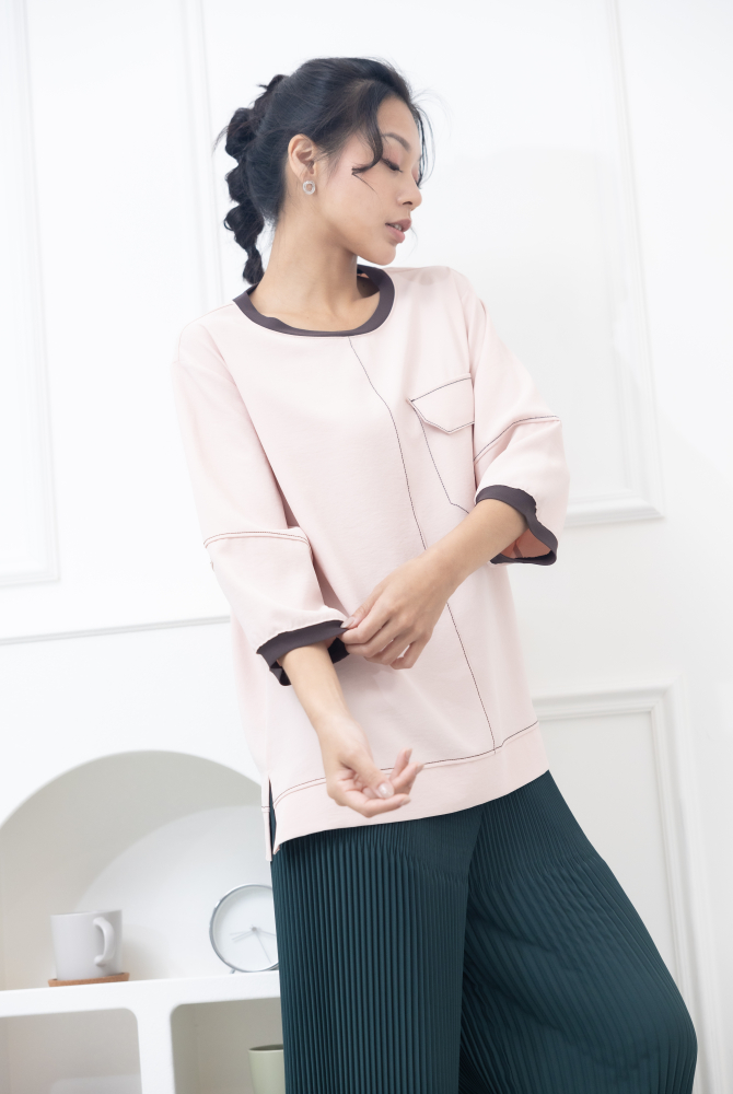 긴팔 咖啡色領口假翻蓋口袋上衣 / 粉紅色