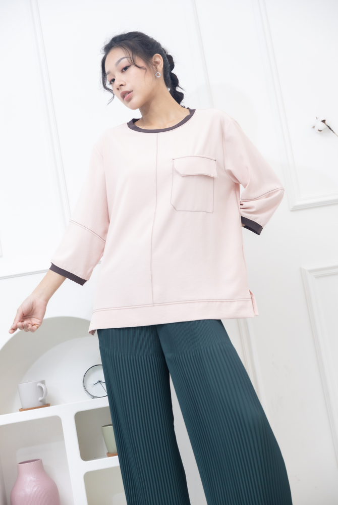 긴팔 咖啡色領口假翻蓋口袋上衣 / 粉紅色