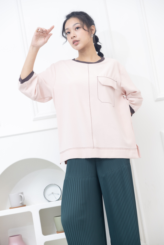 긴팔 咖啡色領口假翻蓋口袋上衣 / 粉紅色