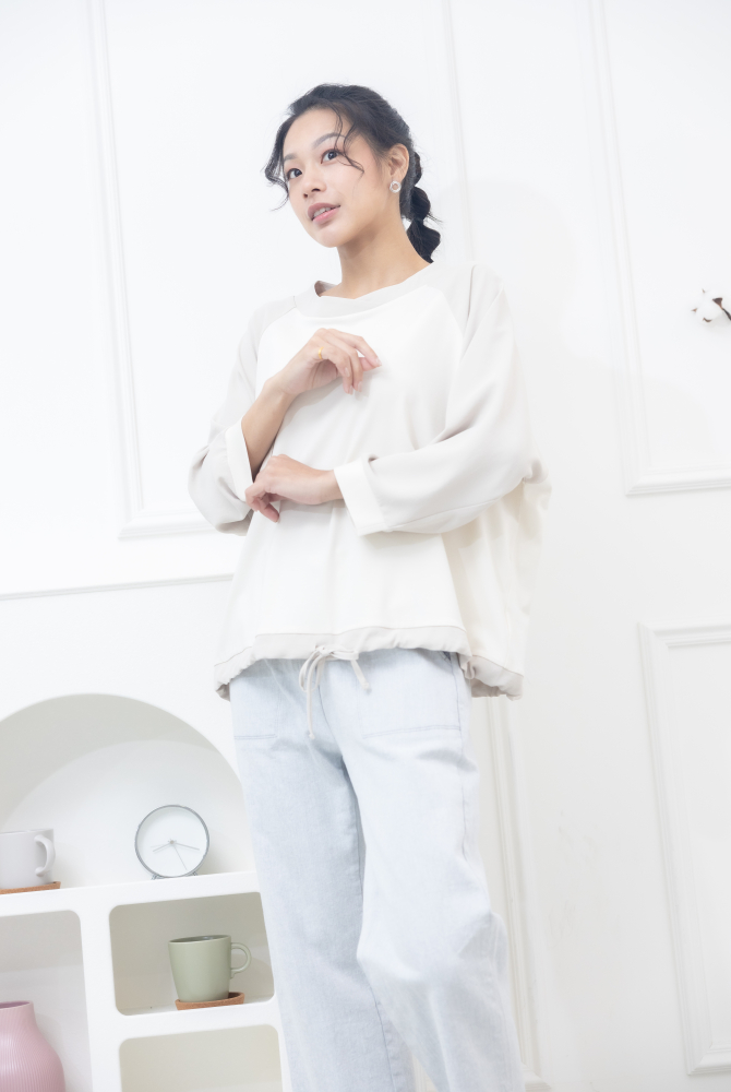 긴팔 燕麥色拼接下擺抽繩上衣 / 米色