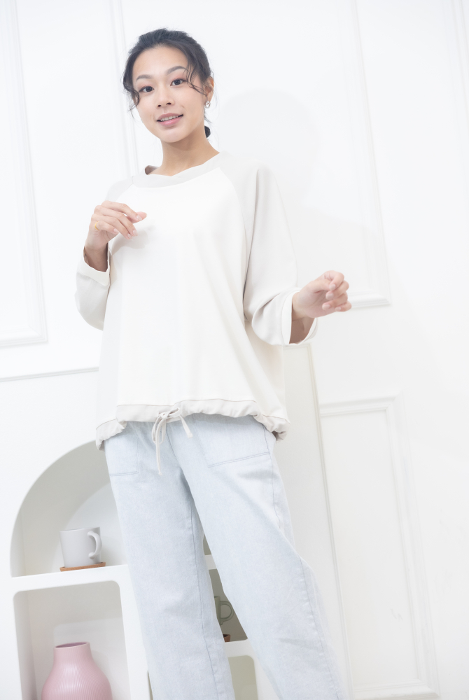 긴팔 燕麥色拼接下擺抽繩上衣 / 米色