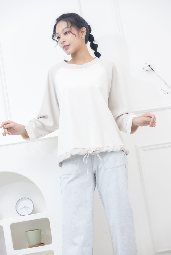 긴팔 燕麥色拼接下擺抽繩上衣 / 米色