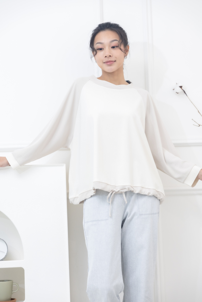 긴팔 燕麥色拼接下擺抽繩上衣 / 米色