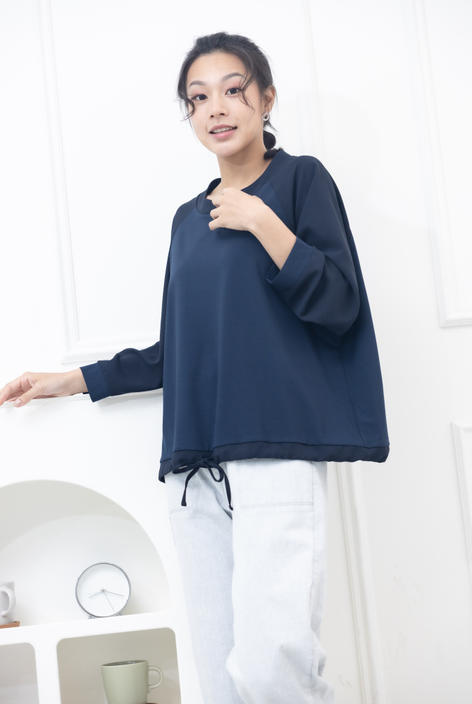 긴팔 黑色拼接下擺抽繩上衣 /藍色