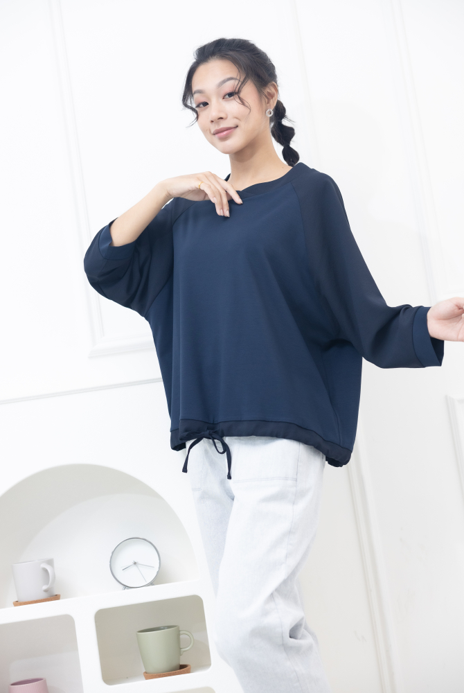 긴팔 黑色拼接下擺抽繩上衣 /藍色