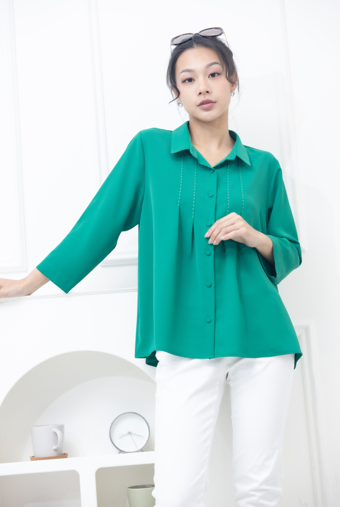 반팔 襯衫領胸前縫線裝飾襯衫 / 綠色