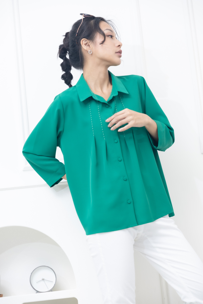 반팔 襯衫領胸前縫線裝飾襯衫 / 綠色