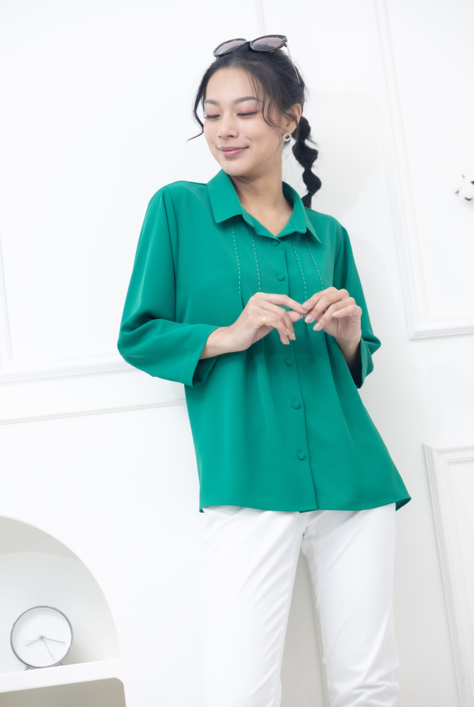 반팔 襯衫領胸前縫線裝飾襯衫 / 綠色