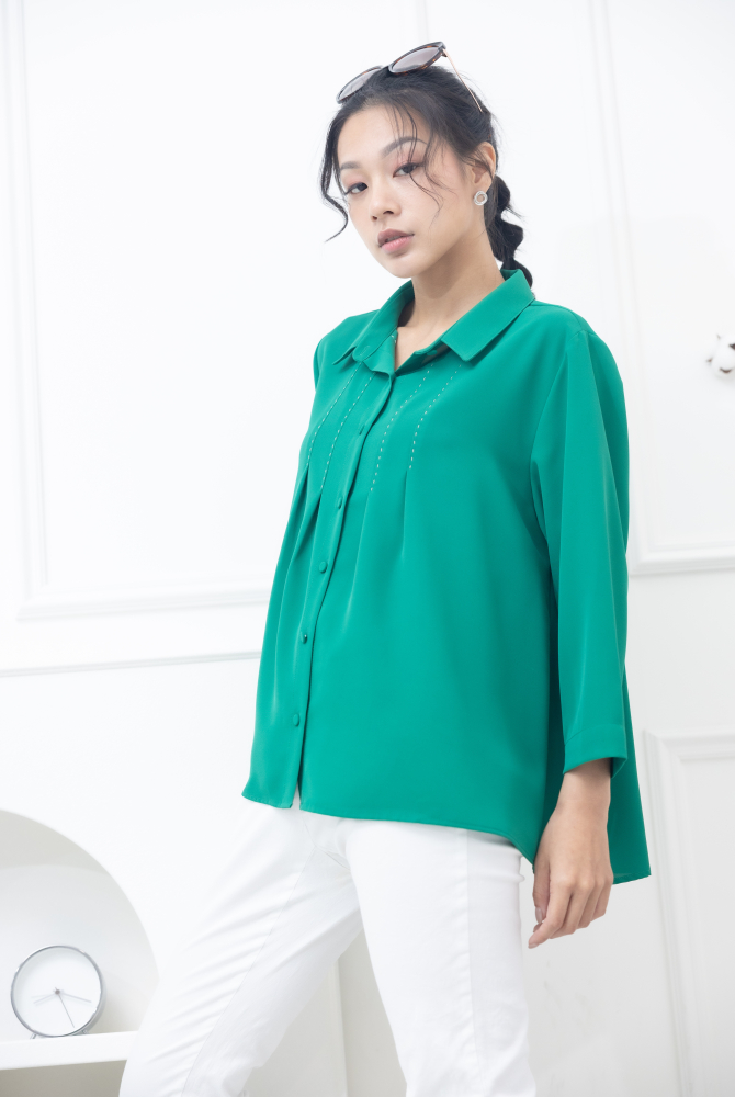반팔 襯衫領胸前縫線裝飾襯衫 / 綠色