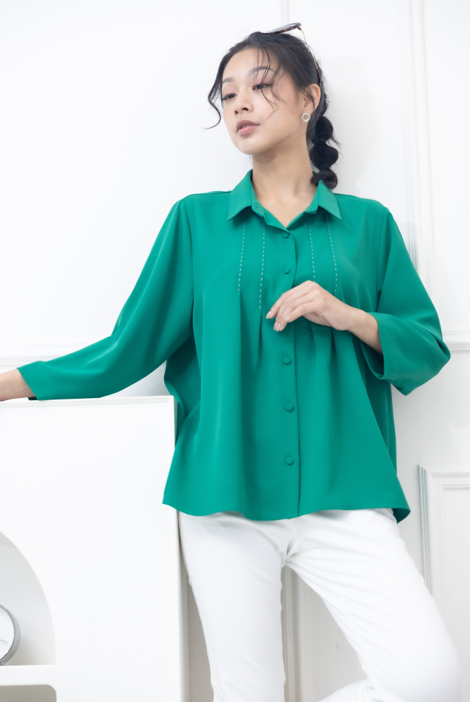 반팔 襯衫領胸前縫線裝飾襯衫 / 綠色