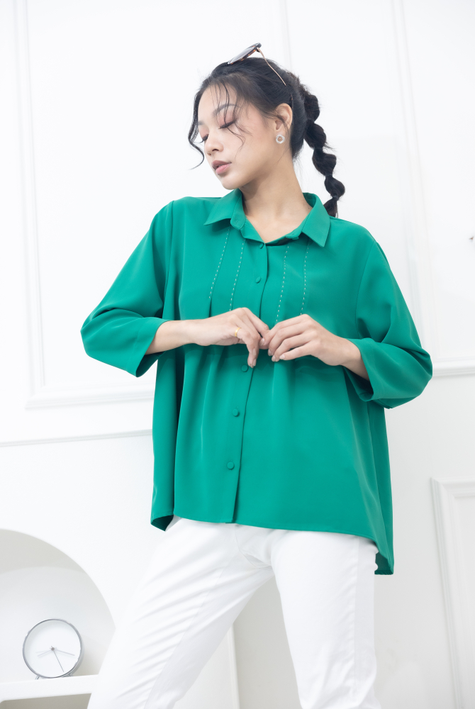반팔 襯衫領胸前縫線裝飾襯衫 / 綠色