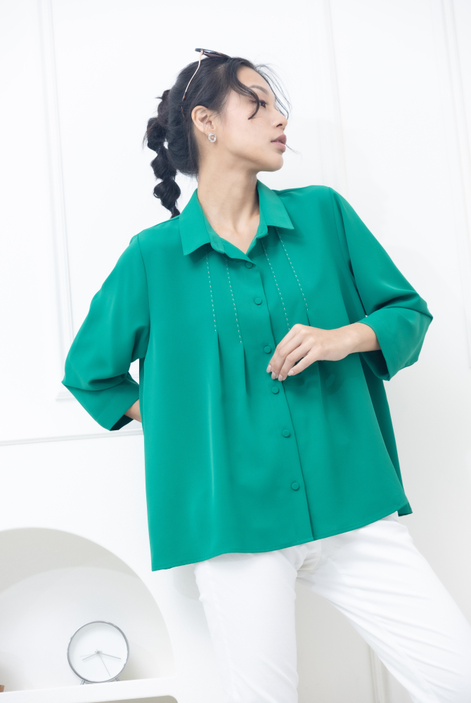 반팔 襯衫領胸前縫線裝飾襯衫 / 綠色