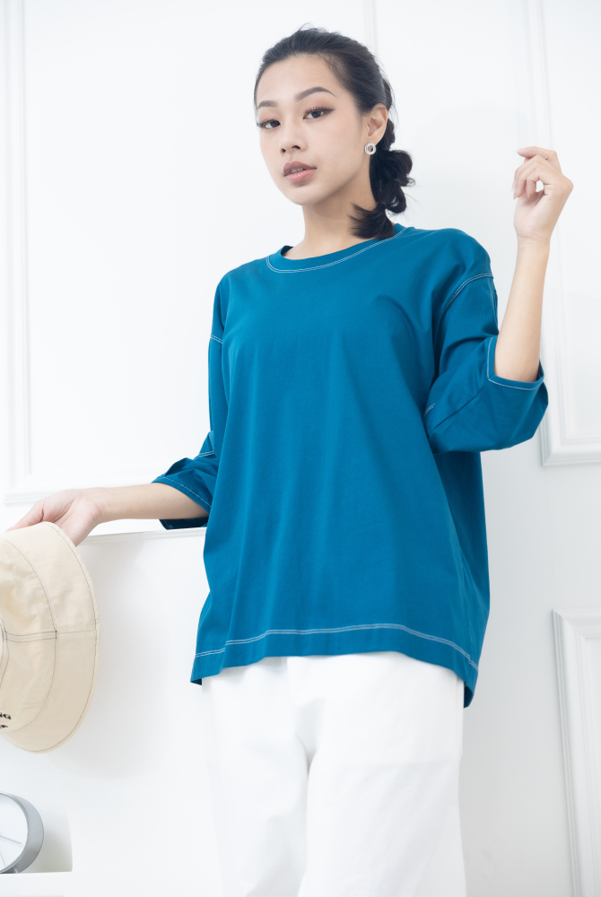 반팔 袖子下擺白色縫線五分袖上衣 / 藍綠色