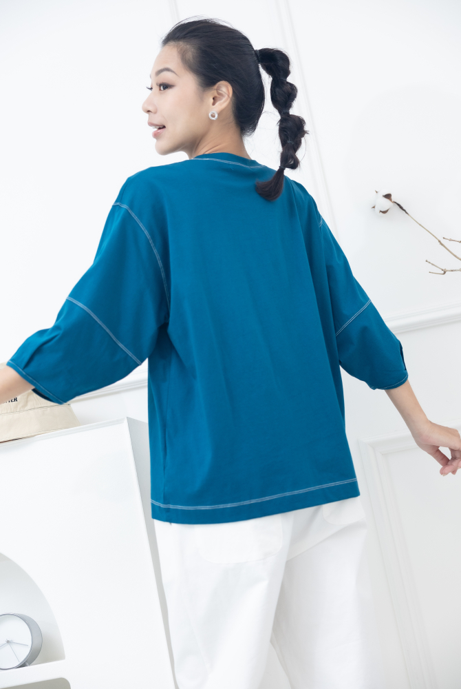 반팔 袖子下擺白色縫線五分袖上衣 / 藍綠色