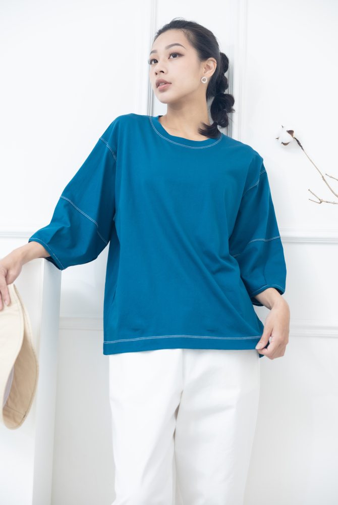 반팔 袖子下擺白色縫線五分袖上衣 / 藍綠色