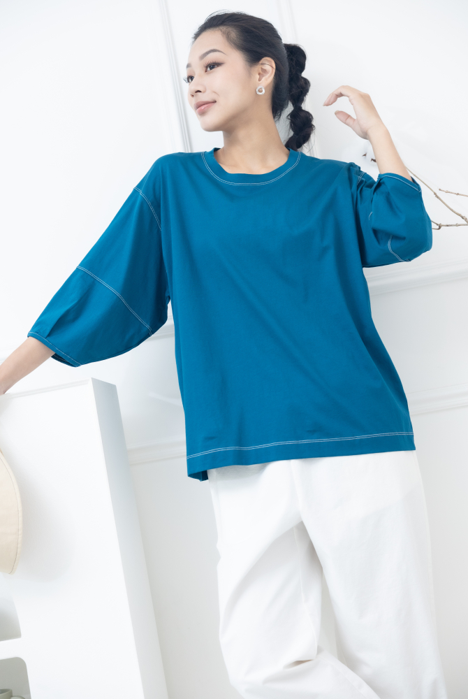 반팔 袖子下擺白色縫線五分袖上衣 / 藍綠色