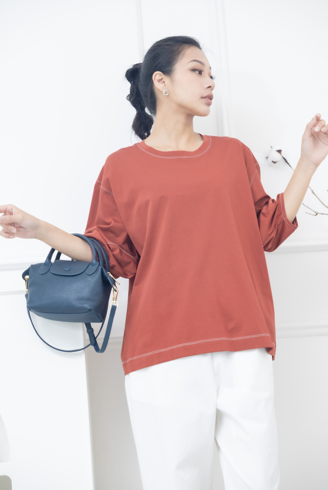반팔 袖子下擺白色縫線五分袖上衣 / 暗橘色