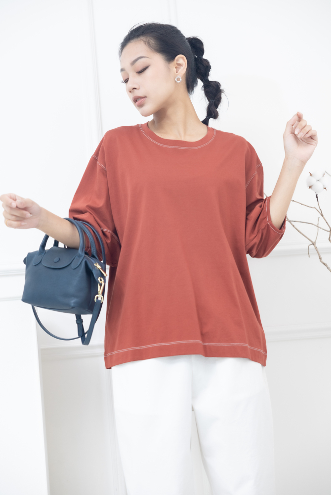 반팔 袖子下擺白色縫線五分袖上衣 / 暗橘色